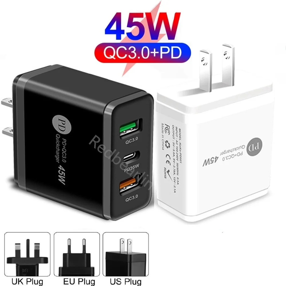 

50Pcs/lot 45W Fast Charging 3 Ports QC3.0 PD Type c Wall Charger Eu US Uk Power Adapters For IPhone 12 13 Samsung s22 htc lg