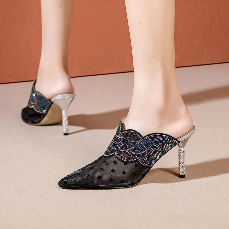 

Womens Pointy Toe Butterfly Mesh Slippers Polka Dots Stilettos Mules Shoes High Heel Slingbacks Real Leather