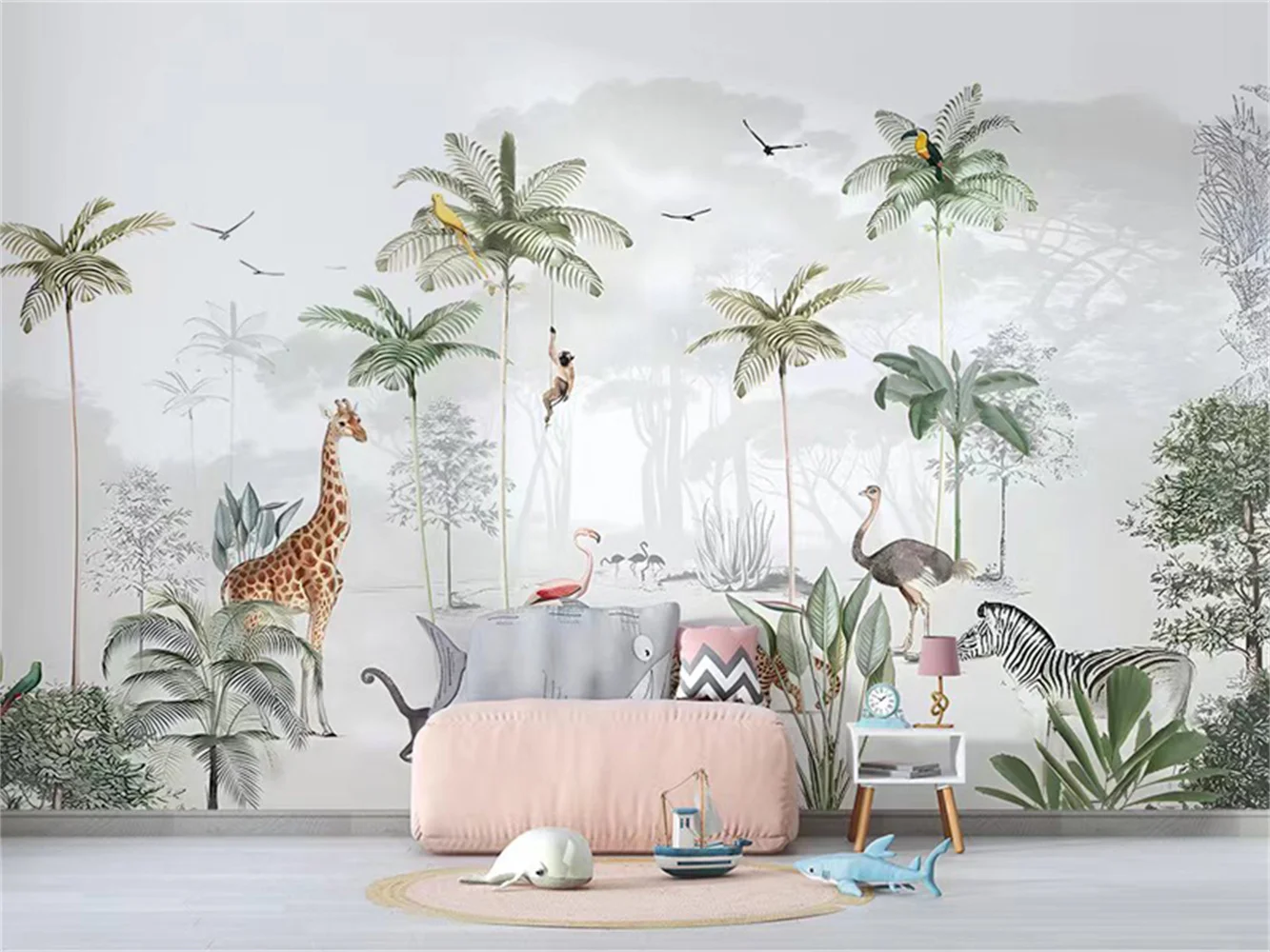 

custom 3d Cartoon Animal mural wallpapers for living room Palm Tree Tropical Leaves art Wallpaper for Children's Room Background