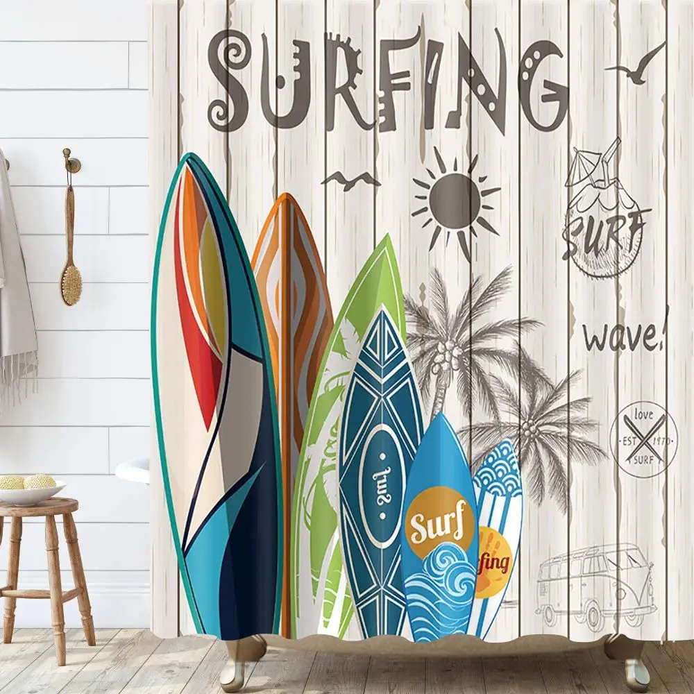 

Summer Surfing Shower Curtain Tropical Surfboard Palm Tree on Beige Rustic Wooden Plank Beach Bathroom Decor Bathtub Curtains