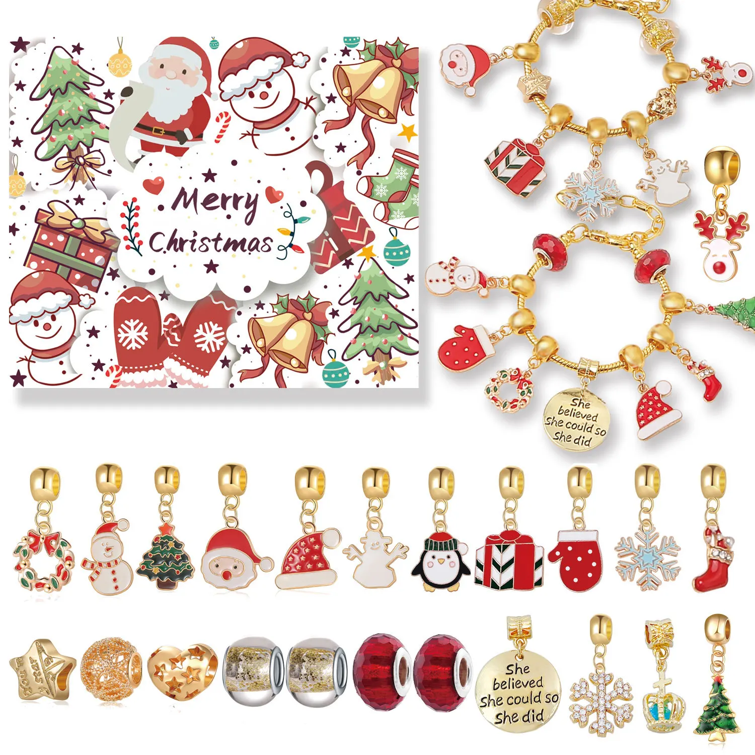 

Набор подарочных украшений «сделай сам», комплект из 22 бусин и браслетов золотистого цвета с календарем для нового года, 2023