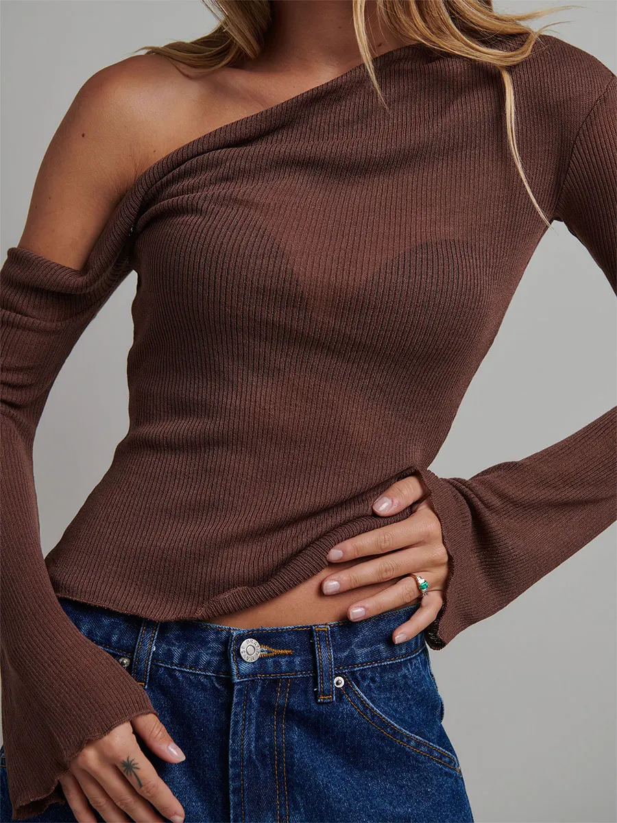 

Women's Casual Slant Shoulder Knit Tops Comfortable Irregular Solid Color Ribbed Long Sleeve Slim Cropped T-shirt Clubwear