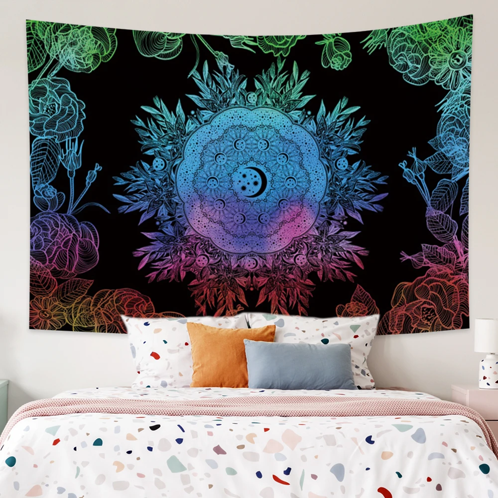 

Psychedelic Rose Mandala Macrame Tapestry Aesthetic Moon And Sun Tarot Wall Hanging Hippie Dorm Living Room Decoration Blanket