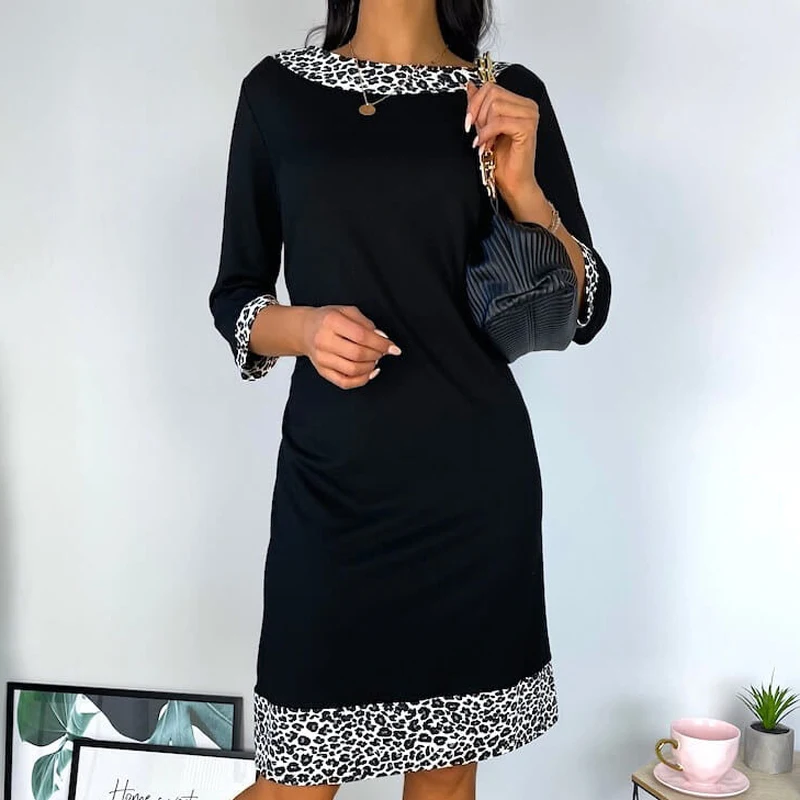 Женское платье с леопардовым принтом, прямое офисное платье с круглым вырезом, осеннее платье с рукавом 3/4, женские пуловеры