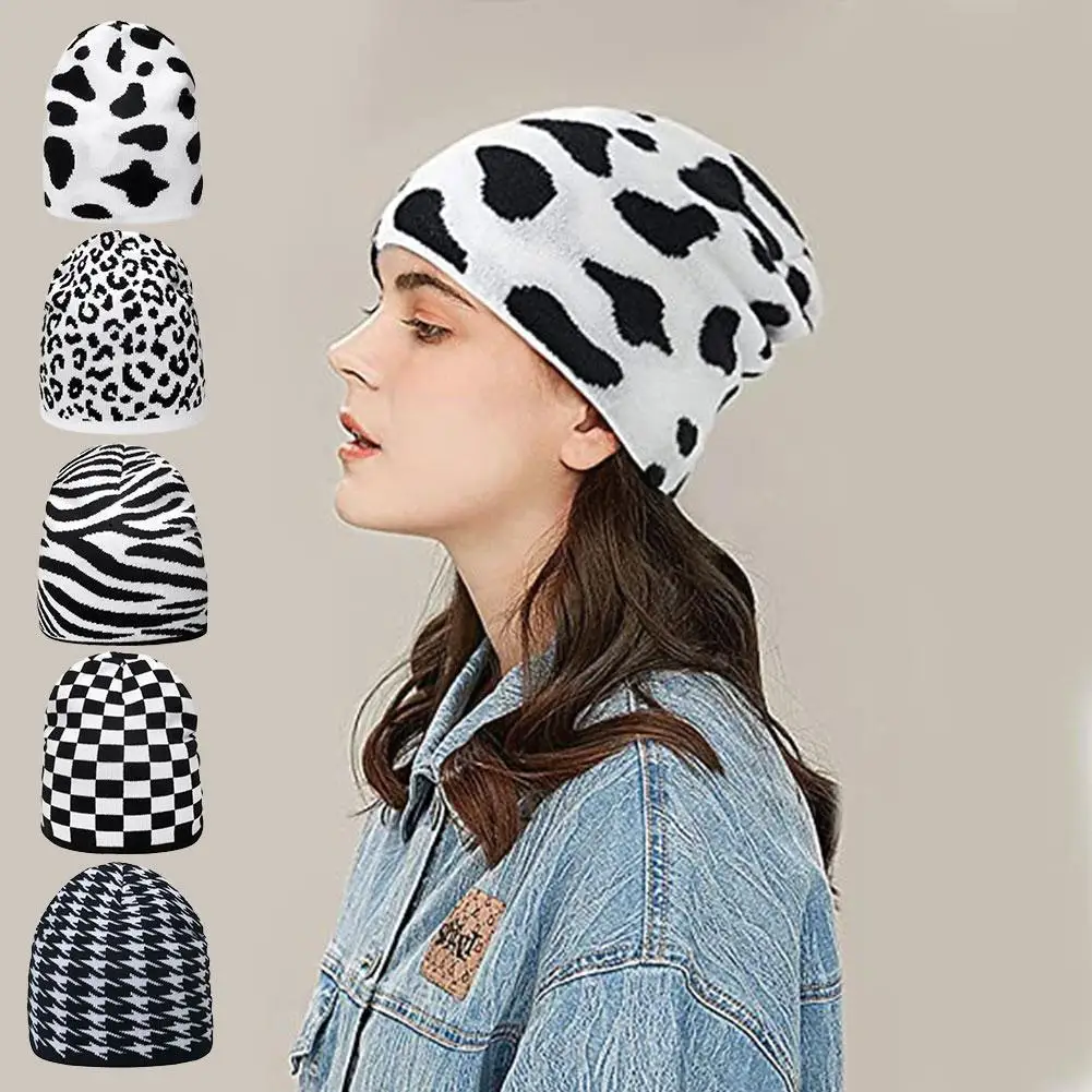 

Cow Print Beanie Hat Warm Winter Hats Bonnets Women Leopard Beanies Zebra Knitted Cow Wool Cashmere Plaid Hat Caps Fashion Z2T3