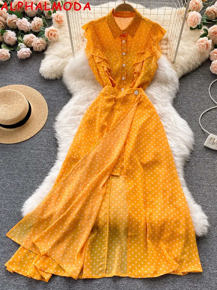 ALPHALMODA 2022 Summer Frill Sleeve Polka Doat Long Shirt + A-line Split Skirt Women Trendy 2pcs Suit
ALPHALMODA 2022 Summer Frill Sleeve Polka Doat Long Shirt + A-line Split Skirt Women Trendy 2pcs Suit