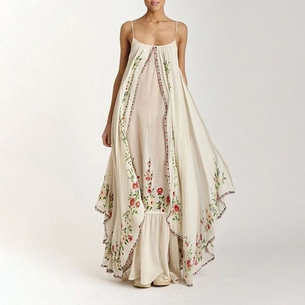 Floral Print Women Beach Party Long Dresses Beige Casual Spaghetti Strap Sleeveless Elegant Lady Loose Irregular Vacation Dress
Floral Print Women Beach Party Long Dresses Beige Casual Spaghetti Strap Sleeveless Elegant Lady Loose Irregular Vacation Dress
