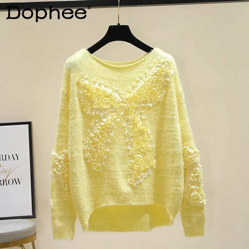 

Chic Beaded Pink Knitted Sweater Women 2022 Spring Autumn New Solid Loose Idle Style Pullover Mink Outer Wear Bottoming Sweater