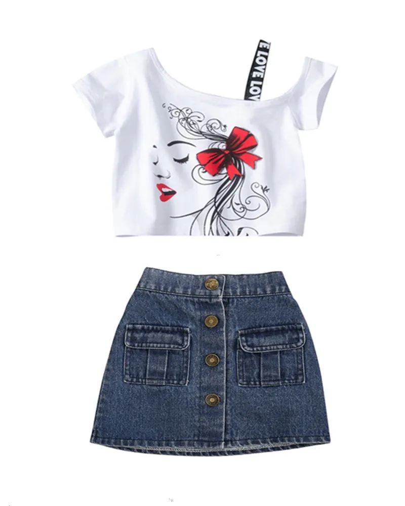 Summer New Girl's Set 2021 Children's Pullover Head Strapless Slant Collar Short-sleeved T-shirt Denim Skirt 2 Sets
Summer New Girl's Set 2021 Children's Pullover Head Strapless Slant Collar Short-sleeved T-shirt Denim Skirt 2 Sets