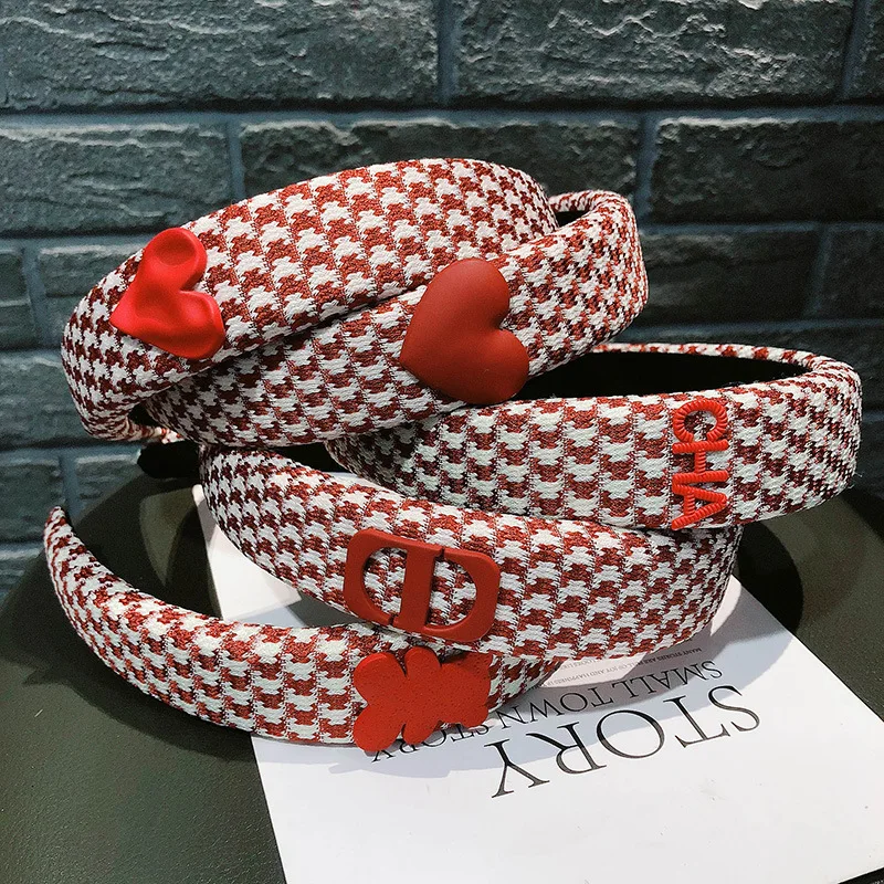 

Red Houndstooth Women Headband Wide-brimmed European Style Hair Hoop Bezel Fashion Hairbands for Women Hairpin Hair Accessories
