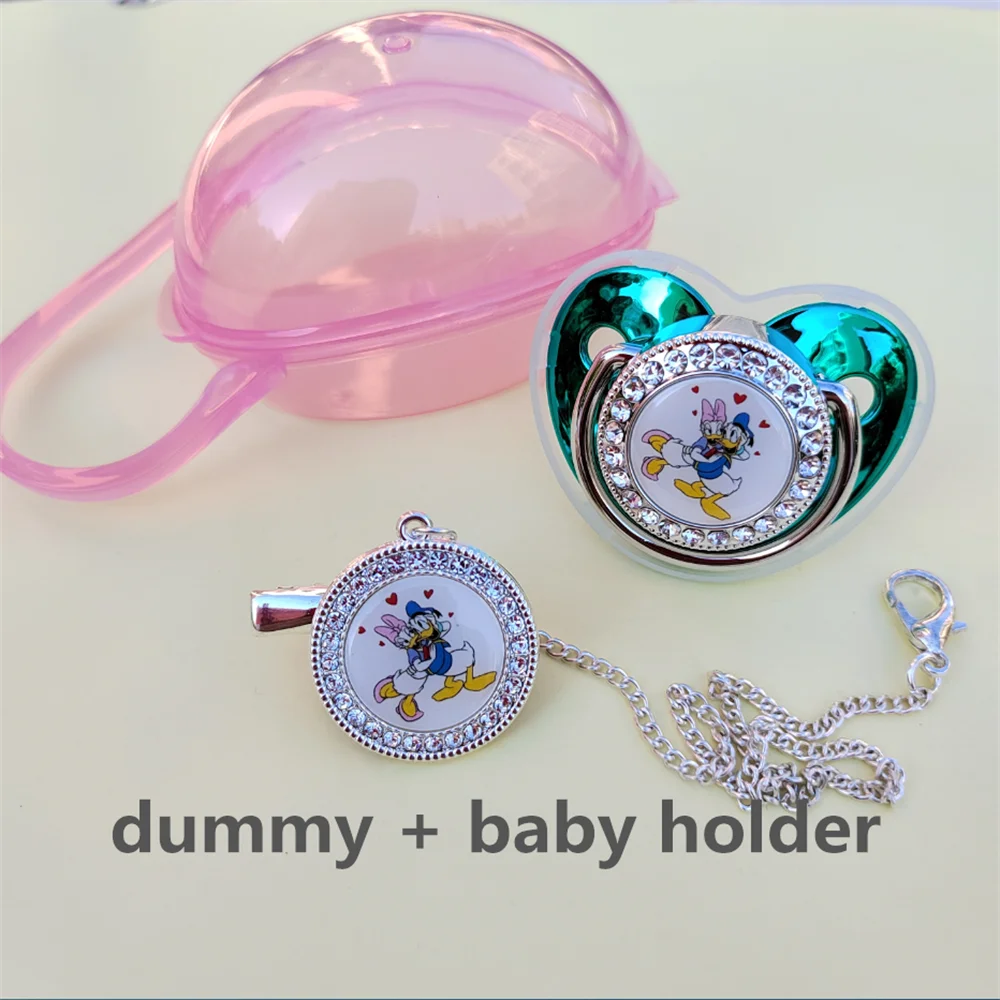 Daisy Tang Duck Cartoon Print Pacifier with Chain Clip Bling Metallic Tea Green Soother and Sliver Holder Babies Nipple Storage
Daisy Tang Duck Cartoon Print Pacifier with Chain Clip Bling Metallic Tea Green Soother and Sliver Holder Babies Nipple Storage