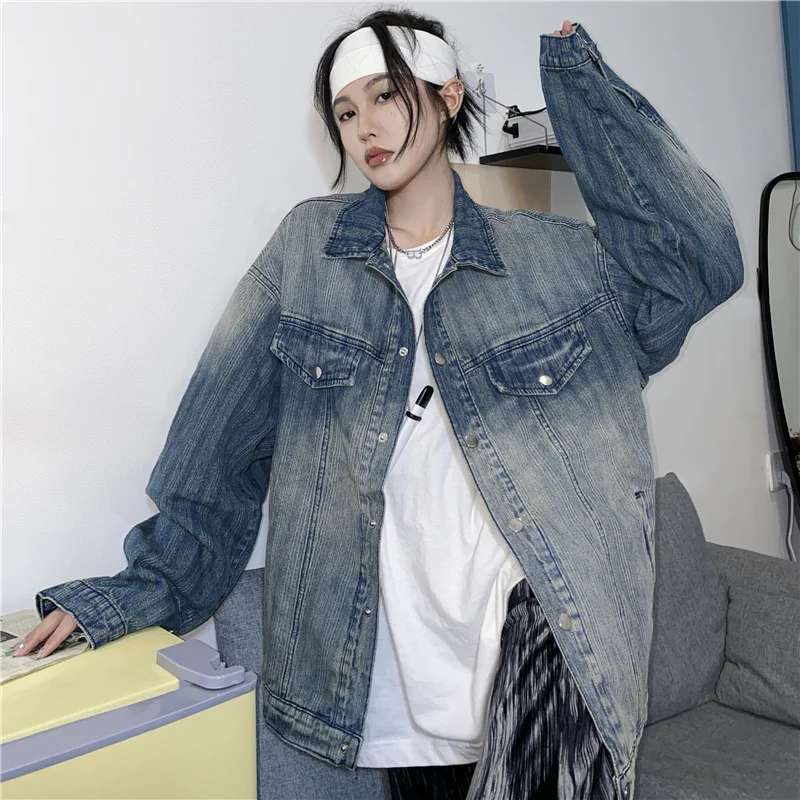 Autumn Vintage Striped Tie-Dye Gradient Denim Outwear Loose Casual Lapel Long Sleeve Female Jeans Jacket Harajuku Chaqueta Mujer 
Autumn Vintage Striped Tie-Dye Gradient Denim Outwear Loose Casual Lapel Long Sleeve Female Jeans Jacket Harajuku Chaqueta Mujer