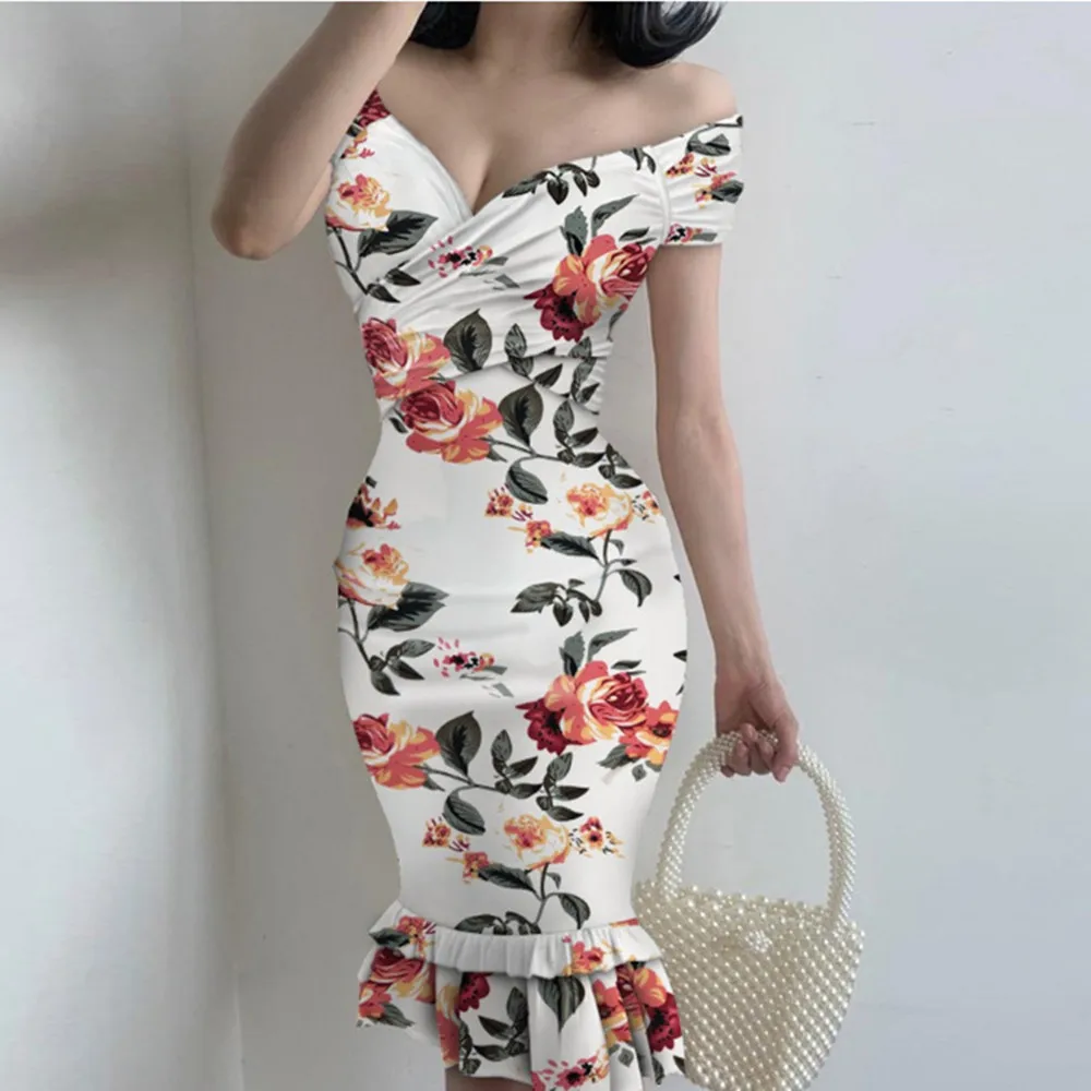 Summer Women's Clothing V-neck Off Shoulder Slim Mermaid Trumpet Hip Lotus Leaf Flower Printed Dress Sexy Slim Bodycon Dress
Summer Women's Clothing V-neck Off Shoulder Slim Mermaid Trumpet Hip Lotus Leaf Flower Printed Dress Sexy Slim Bodycon Dress