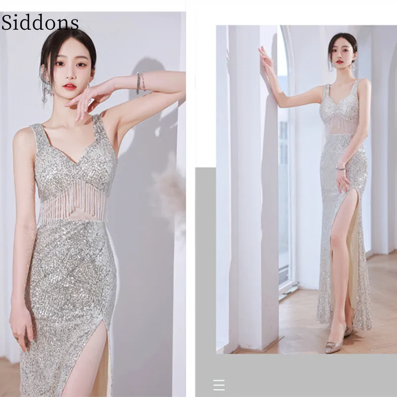 Women Silver Sling Long Evening Dress Sequin Temperament Show V Neck Waist Slit Wedding Party Bridesmaid Birthday 2022 New
Women Silver Sling Long Evening Dress Sequin Temperament Show V Neck Waist Slit Wedding Party Bridesmaid Birthday 2022 New