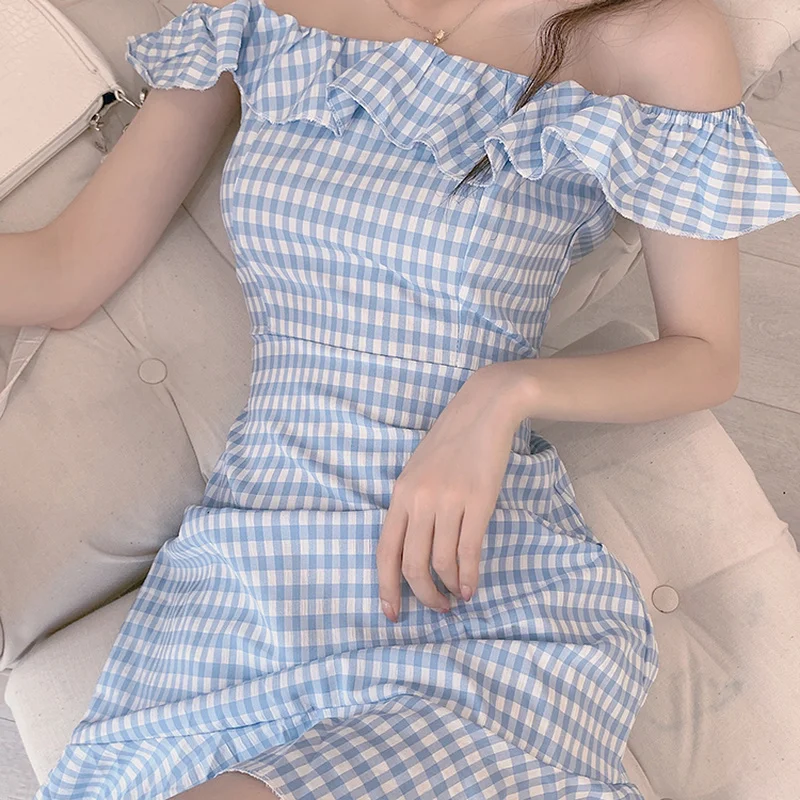Y2k Plaid Dress Women's Summer Sweet Ruffled Off Shoulder Skirt Design Sense Waist A-line Dress 
Y2k Plaid Dress Women's Summer Sweet Ruffled Off Shoulder Skirt Design Sense Waist A-line Dress