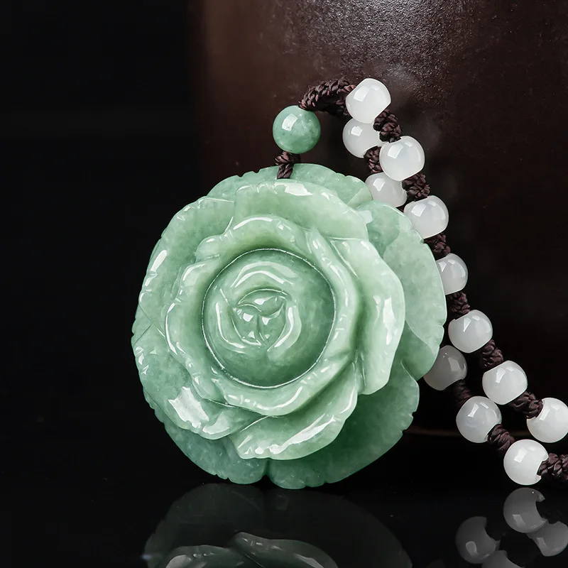 

Jia Le/Hand-Carved/Natural Jade Rich Peony Flower Emerald Necklace Pendant Fine Jewelry Men Women Accessories Couples Amulet Gif