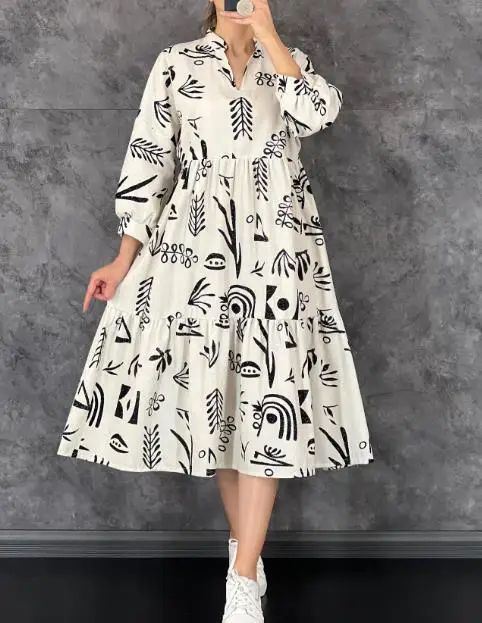 Women's V-Neck Long Skirt Loose and Fresh Printed 3/4 Sleeve High Quality Fashion Casual Dress 2023 New Hot Selling
Women's V-Neck Long Skirt Loose and Fresh Printed 3/4 Sleeve High Quality Fashion Casual Dress 2023 New Hot Selling