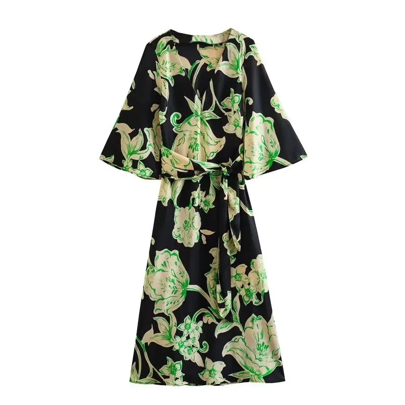 Женское винтажное длинное платье с коротким рукавом, V-образным вырезом и поясом 
Женское винтажное длинное платье с коротким рукавом, V-образным вырезом и поясом