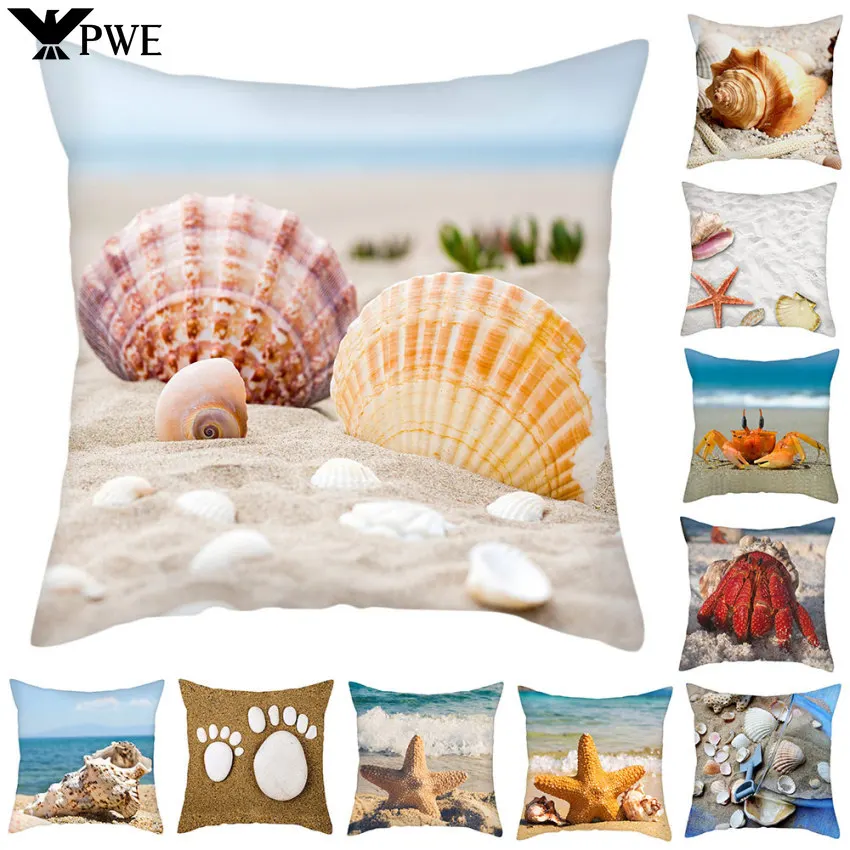 

45x45cm Beach Decoration Pillowcase Natural Landscape Starfish Conch Shell Printing Pillow Home Decoration Sofa Cushion Cover