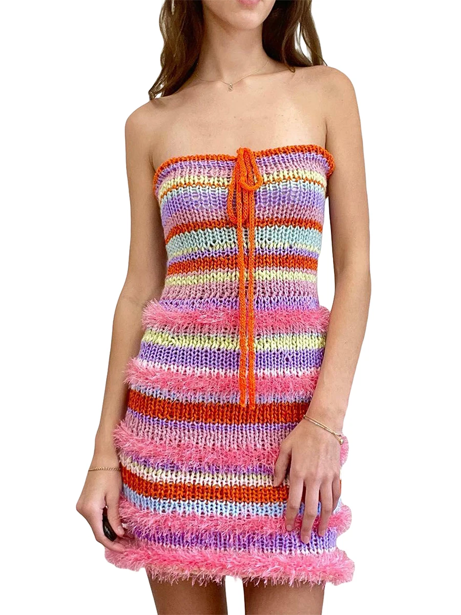 

Женское летнее трикотажное платье-футляр, облегающее мини-платье без бретелек с поясом спереди и полосатым принтом, пляжная одежда