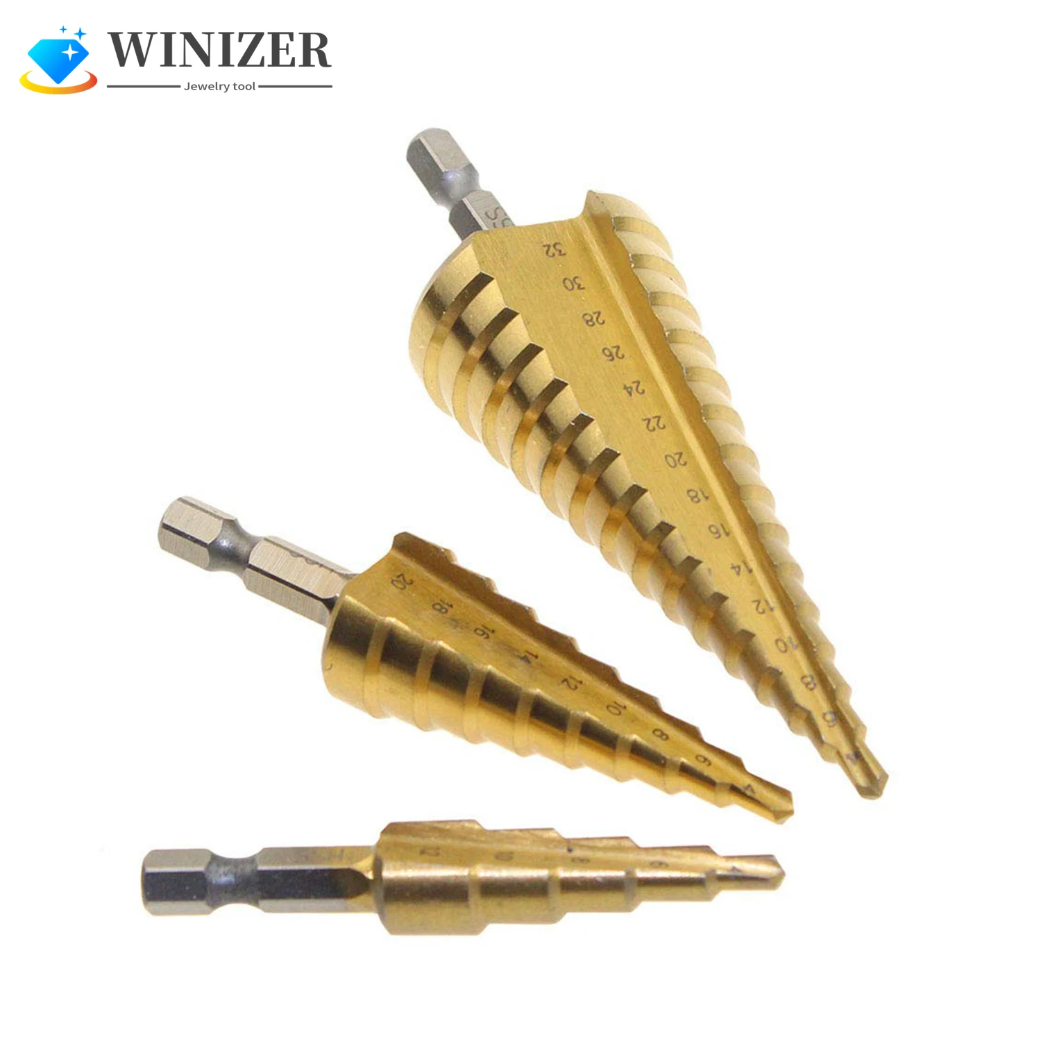 3pcs HSS Hexagon Shank Step Coated Step Drill Bit for Plastic Wood Metal Sheet Aluminum Hole Drill(Metric 4-12mm/4-20mm/4-32mm)
3pcs HSS Hexagon Shank Step Coated Step Drill Bit for Plastic Wood Metal Sheet Aluminum Hole Drill(Metric 4-12mm/4-20mm/4-32mm)