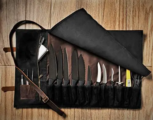 Canvas Knife Roll - 15 Knife Slots, Card Holder and Large Zippered Pocket - Genuine Leather, Cloth and Brass Buckles - for Chefs
Canvas Knife Roll - 15 Knife Slots, Card Holder and Large Zippered Pocket - Genuine Leather, Cloth and Brass Buckles - for Chefs