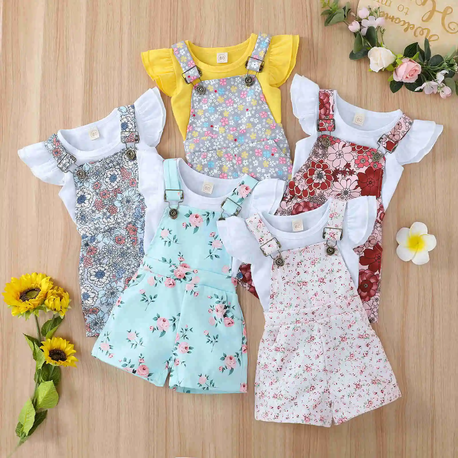 0-5y Baby Girls Summer Clothes Sets Kids Fly Sleeve Tops + Floral Suspender Short Pants Overalls Children Casual Romper Outfits
0-5y Baby Girls Summer Clothes Sets Kids Fly Sleeve Tops + Floral Suspender Short Pants Overalls Children Casual Romper Outfits