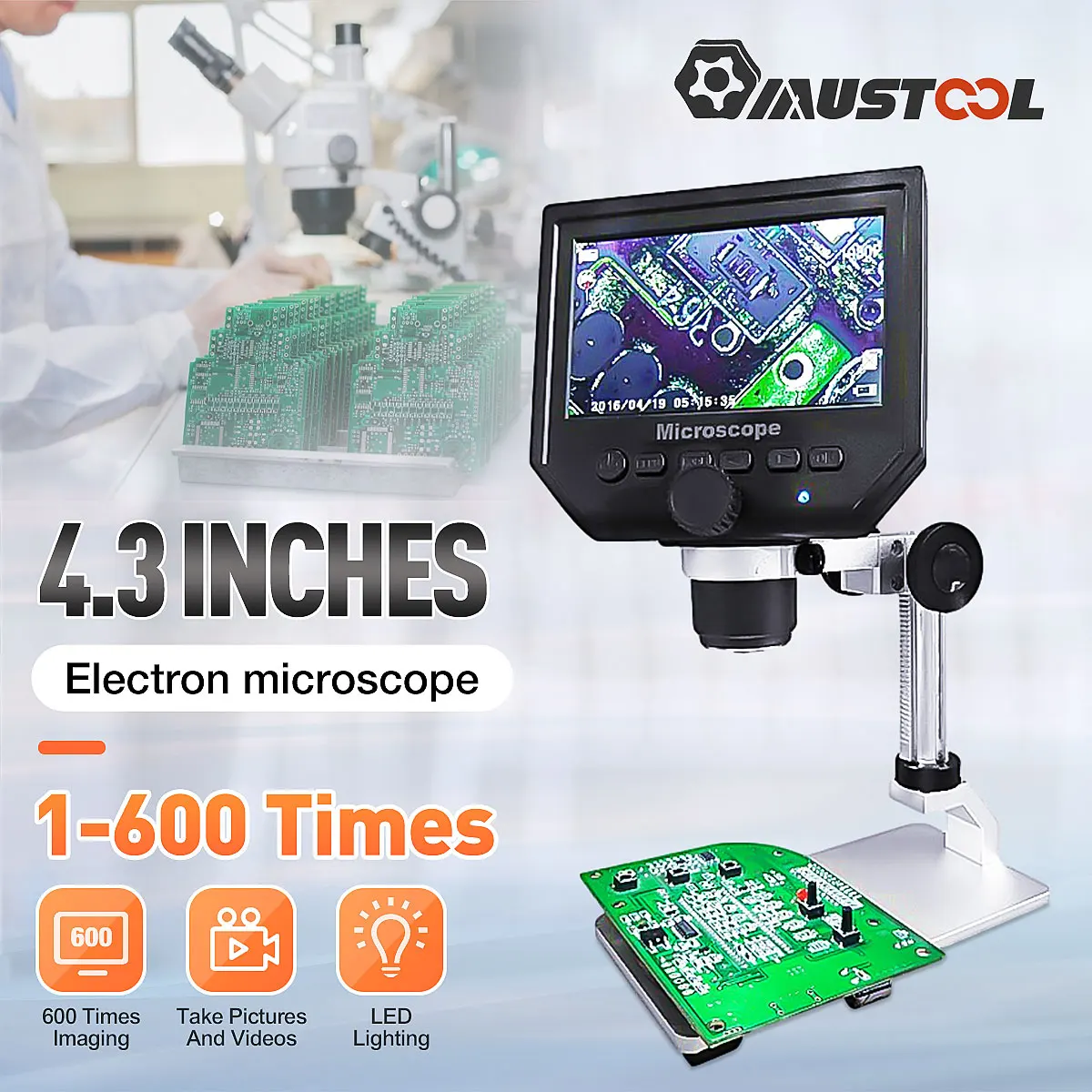 Цифровой микроскоп, 600X 3,6 МП, 4,3 дюймов, ЖК-дисплей HD, для пайки, PCB, ремонта телефонов
Цифровой микроскоп, 600X 3,6 МП, 4,3 дюймов, ЖК-дисплей HD, для пайки, PCB, ремонта телефонов