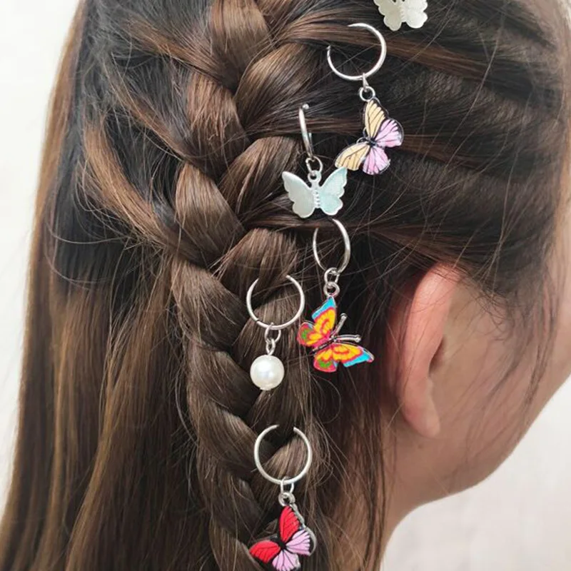 

6Pcs Butterfly Star Pendant Hair Clip For Women Braid Trendy Metal Hair Rings Western Style Hair Accessories Girls DIY Headdress