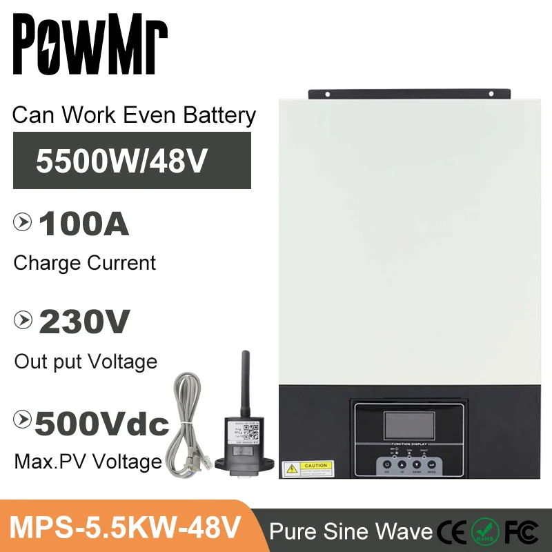PowMr 5500W MPPT 100A AC 48V Solar Charger All In One Hybrid Inverter DC 230V and Max PV 6000W Support WIFI Module Solar System 
PowMr 5500W MPPT 100A AC 48V Solar Charger All In One Hybrid Inverter DC 230V and Max PV 6000W Support WIFI Module Solar System