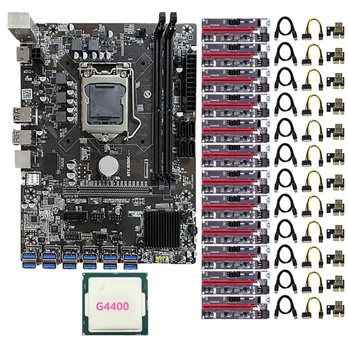 B250 BTC Mining Motherboard 12 USB3.0 PCIE Graphics Slot LGA1151 DDR4 DIMM with 12XPCIE 1X to 16X Riser Card+1XG4400 CPU
B250 BTC Mining Motherboard 12 USB3.0 PCIE Graphics Slot LGA1151 DDR4 DIMM with 12XPCIE 1X to 16X Riser Card+1XG4400 CPU