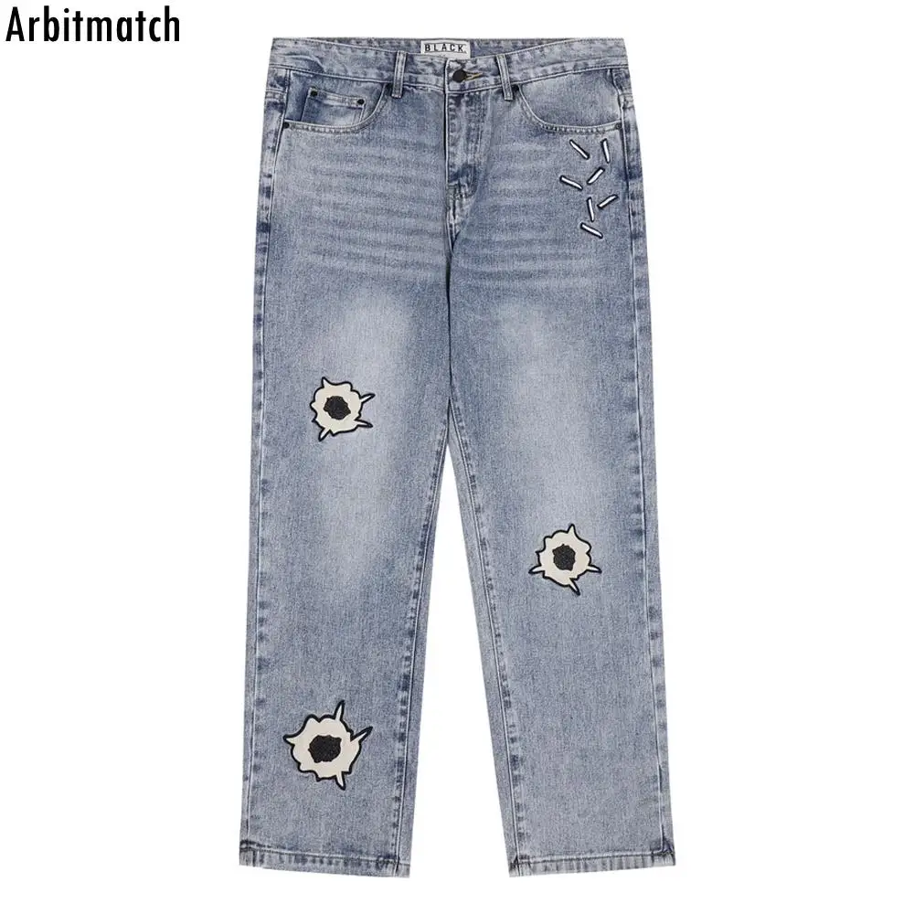 2022 Harajuku Bullet Designer Embroidery Jeans Pants Frayed Streetwear Retro Straight High Street Washed Denim Trousers Men 
2022 Harajuku Bullet Designer Embroidery Jeans Pants Frayed Streetwear Retro Straight High Street Washed Denim Trousers Men