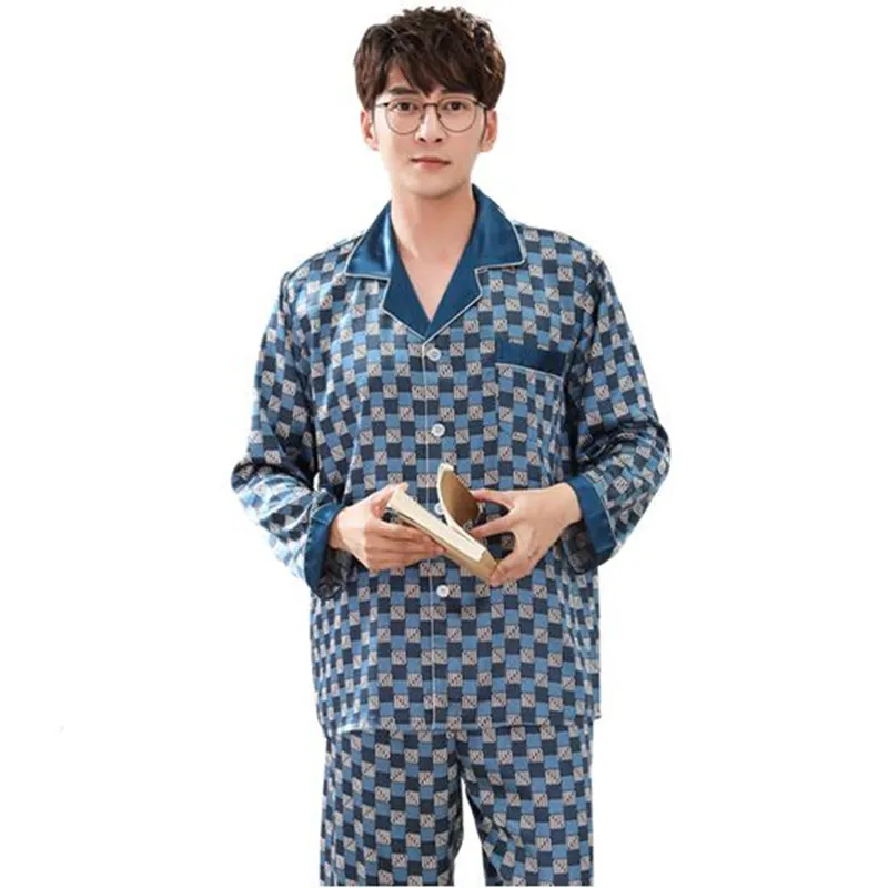 Spring Silk Men Pajamas Set Striped Pyjamas Long Sleeve Turn-down Collar Mens Sleepwear Loose Lounge Plus Size 3XL Male Pijamas
Spring Silk Men Pajamas Set Striped Pyjamas Long Sleeve Turn-down Collar Mens Sleepwear Loose Lounge Plus Size 3XL Male Pijamas