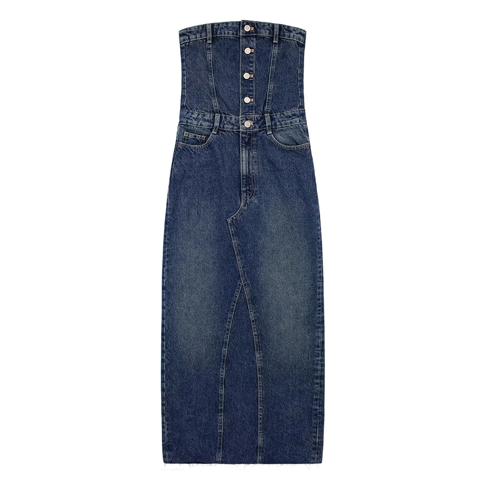 PB&ZA 2022 Elegant Women Dresses Slim Chest Wrapping Single Breasted Blue Denim Dress Slit Strapless Lady Long Vestidos Vintage
PB&ZA 2022 Elegant Women Dresses Slim Chest Wrapping Single Breasted Blue Denim Dress Slit Strapless Lady Long Vestidos Vintage