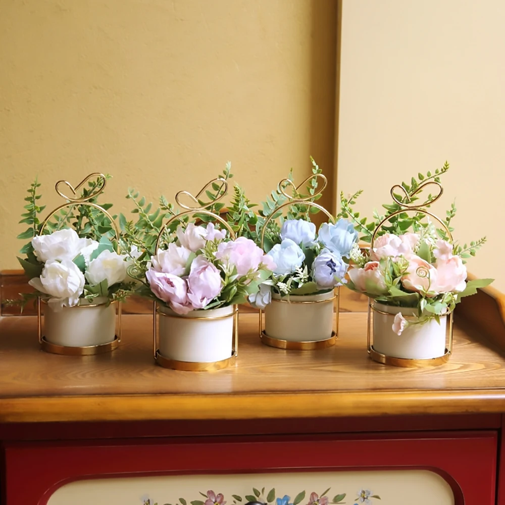 

Nordic Ceramic Flowerpot Silk Flower 1 Set Simulation Peony Living Room Bedroom Home Decoration Accessories Flower Basket