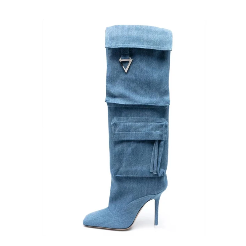 2023 New Retro Blue Denim Pocket Knee Boots Autumn Winter Slim High Heel Triangle Metal Square Head Size 34-43 Women long Boots
2023 New Retro Blue Denim Pocket Knee Boots Autumn Winter Slim High Heel Triangle Metal Square Head Size 34-43 Women long Boots