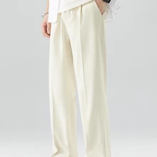 2023 New Summer Casual Pants Men Breathable Polyester Korean Fashion Semi-Wide Banded Waist Slacks Straight Loose Drape Trousers