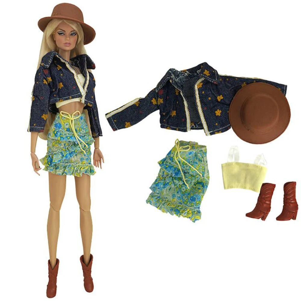 NK 1 комплект модная одежда джинсовая рубашка + шляпа + топ + обувь + Юбка Повседневная одежда Одежда для куклы Барби аксессуары игрушки 
NK 1 комплект модная одежда джинсовая рубашка + шляпа + топ + обувь + Юбка Повседневная одежда Одежда для куклы Барби аксессуары игрушки