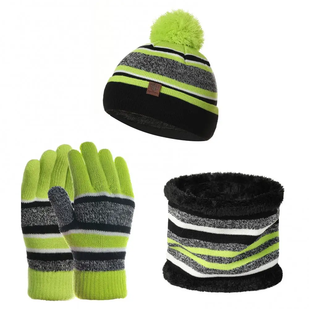 

Kids Hat Winter Woolen Yarn Knitted Pompom Beanie Neck Scarf Gloves Warm Set