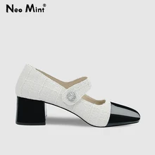 2023 Luxury Brand Designer Tweed Mary Janes Shoes Comfortable Square Heels Patchwork Women Pumps Chic Elengant Female Footwear