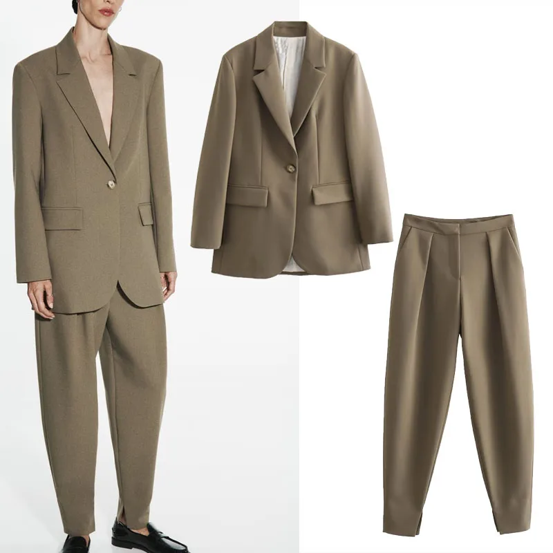 

TRAF Women Khaki Oversized Blazer 2 Pieces Sets Vintage Single Button Shoulder Pads Blazers+high Waist Hammer Pants Suits 2023
