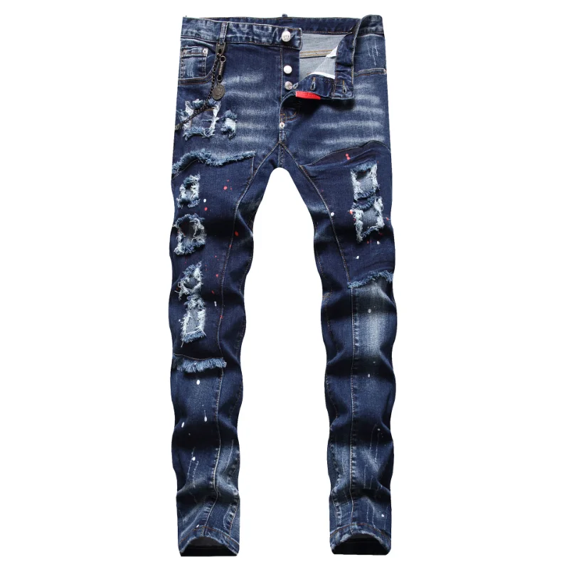 

Мужские синие обтягивающие джинсы, джинсы с дырками, джинсы в итальянском стиле, Стрейчевые джинсовые брюки высокого качества, мужские облегающие джинсовые брюки, размер 42