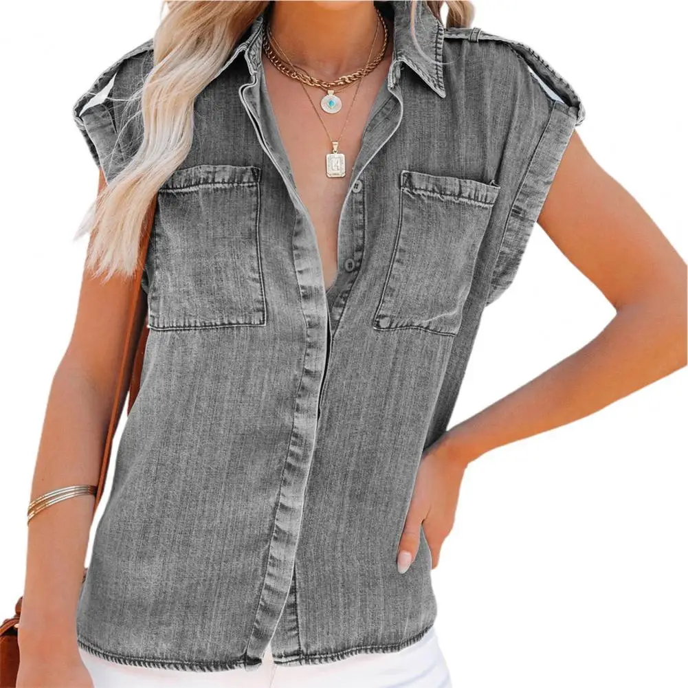 Women Shirt Lapel Collar Breathable Lightweight Straight Pocket Sleeveless Denim Shirt for Daily Life
Women Shirt Lapel Collar Breathable Lightweight Straight Pocket Sleeveless Denim Shirt for Daily Life