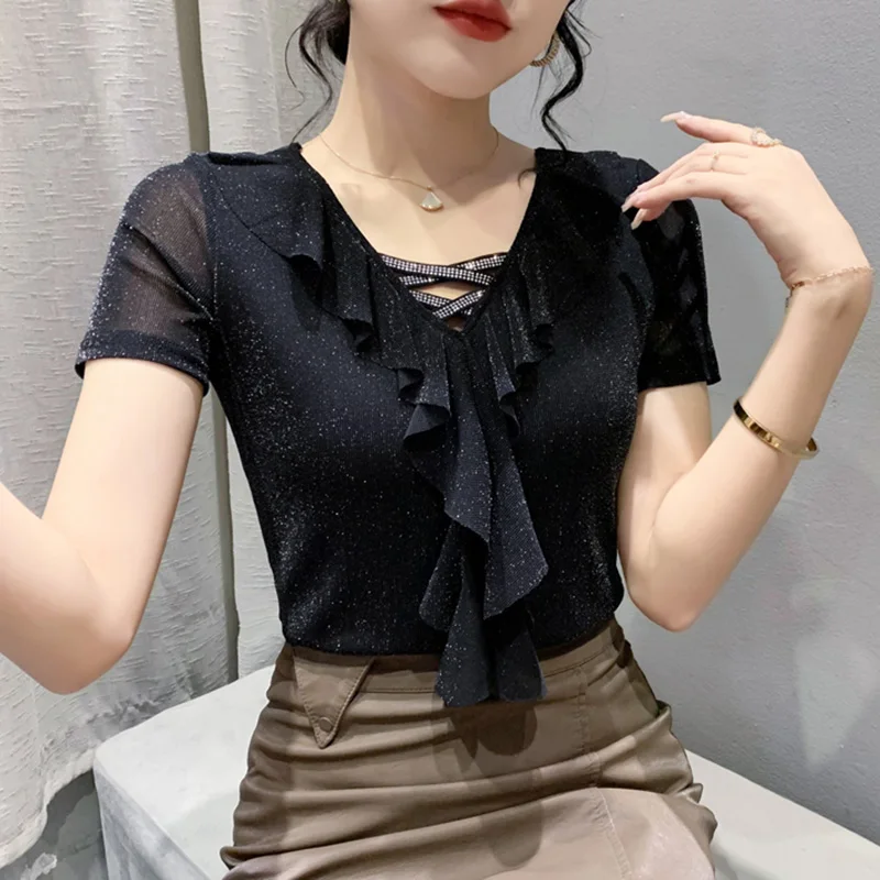 Summer New 2022 Women Mesh T-Shirt Fashion Sexy V-Neck Ruffles Hot Diamond Solid Color M-3XL Female Tops Blusas
Summer New 2022 Women Mesh T-Shirt Fashion Sexy V-Neck Ruffles Hot Diamond Solid Color M-3XL Female Tops Blusas