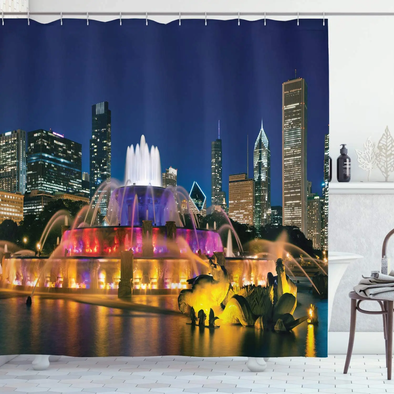 Chicago Skyline Shower Curtain, Buckingham Fountain Landmark in The Center of Grant Park Vibrant Night, Cloth Fabric B
Chicago Skyline Shower Curtain, Buckingham Fountain Landmark in The Center of Grant Park Vibrant Night, Cloth Fabric B