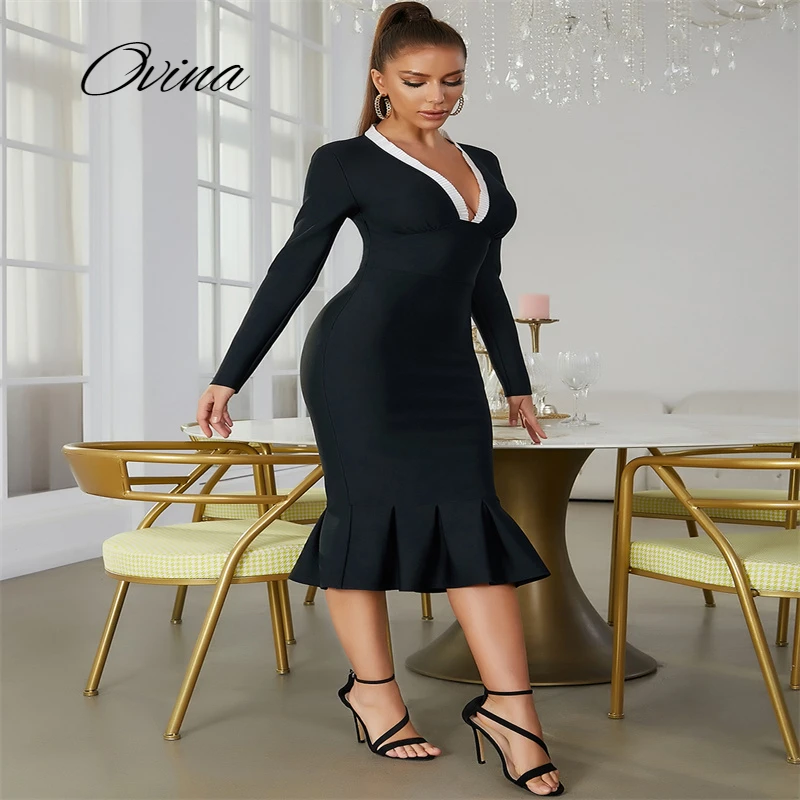 

Sexy Deep V Black Long Sleeve Rayon Mid-Calf Fishtail Skirt Tight Fashion Elegant Temperament Dinner Party Dress 2022 New