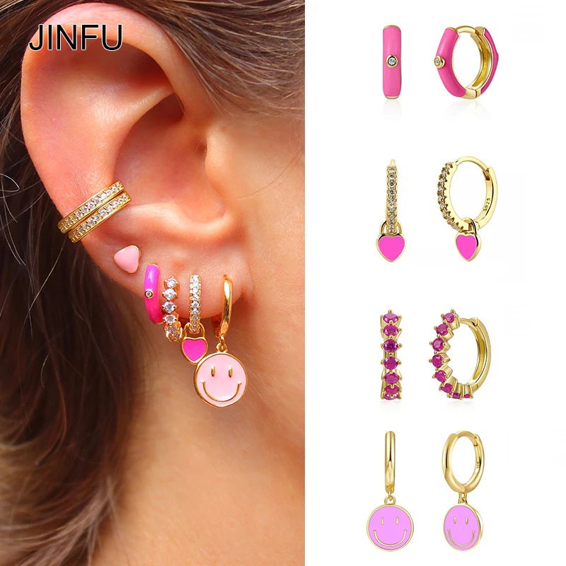 

JINFU Copper Gold Plated Drop Hoop Earrings For Women Color Dripping Oil Heart Smiley Dangle Earrings 2022 Jewelry Wholesale