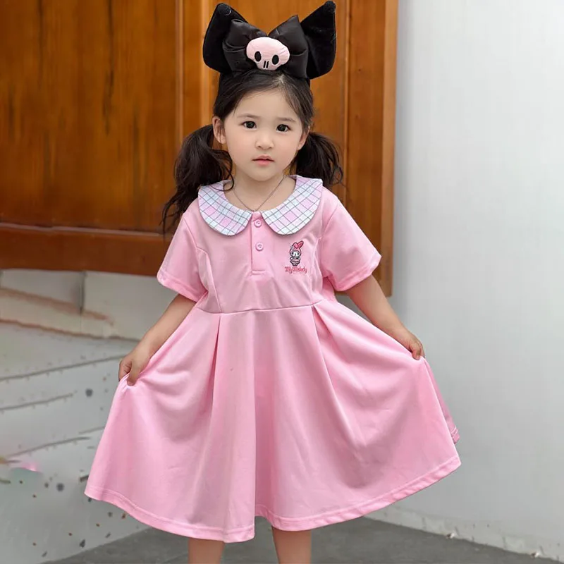 

Kawaii Sanrios My Melody Kuromi Cinnamoroll детская одежда для девочек летнее повседневное хлопковое милое мультяшное клетчатое платье-поло с лацканами
