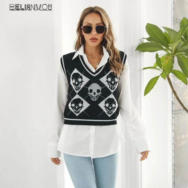 2023 Jumper Top Women Halloween Streetwear Y2K Gothic Knitted Sweater V2023 Skull Argyle Print Pattern Knitwear Vneck Pullover
2023 Jumper Top Women Halloween Streetwear Y2K Gothic Knitted Sweater V2023 Skull Argyle Print Pattern Knitwear Vneck Pullover