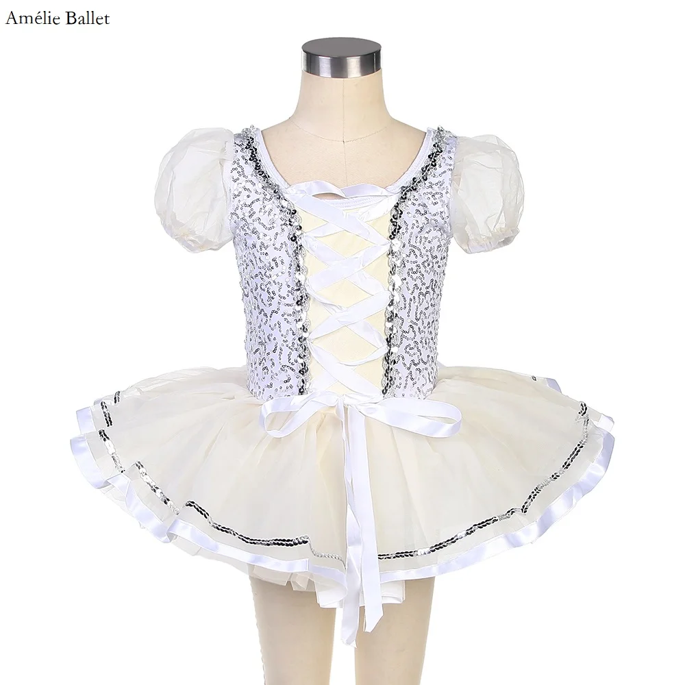 

20114 Puff Sleeves Ballet Dance Tutu for Girls Ballerina Performance Costume Sequin Bodice with Ivory Tulle Tutu Skirt Kids Tutu